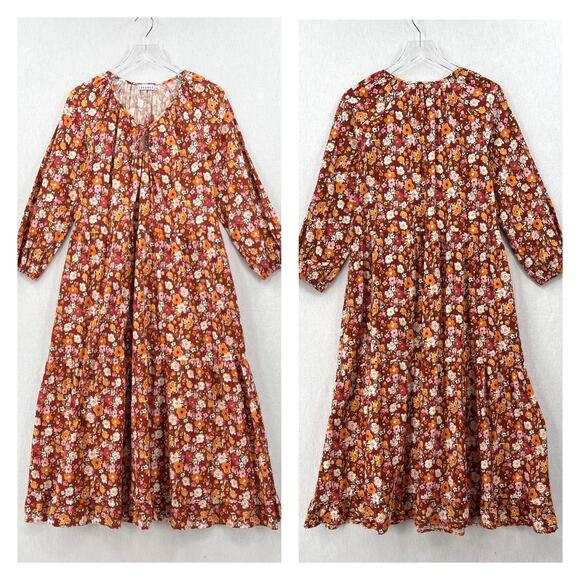 LACAUSA Berkeley Ruffle Midi Dress Womens XS Burnt Orange Floral Balloon Sleeves - Picture 4 of 16